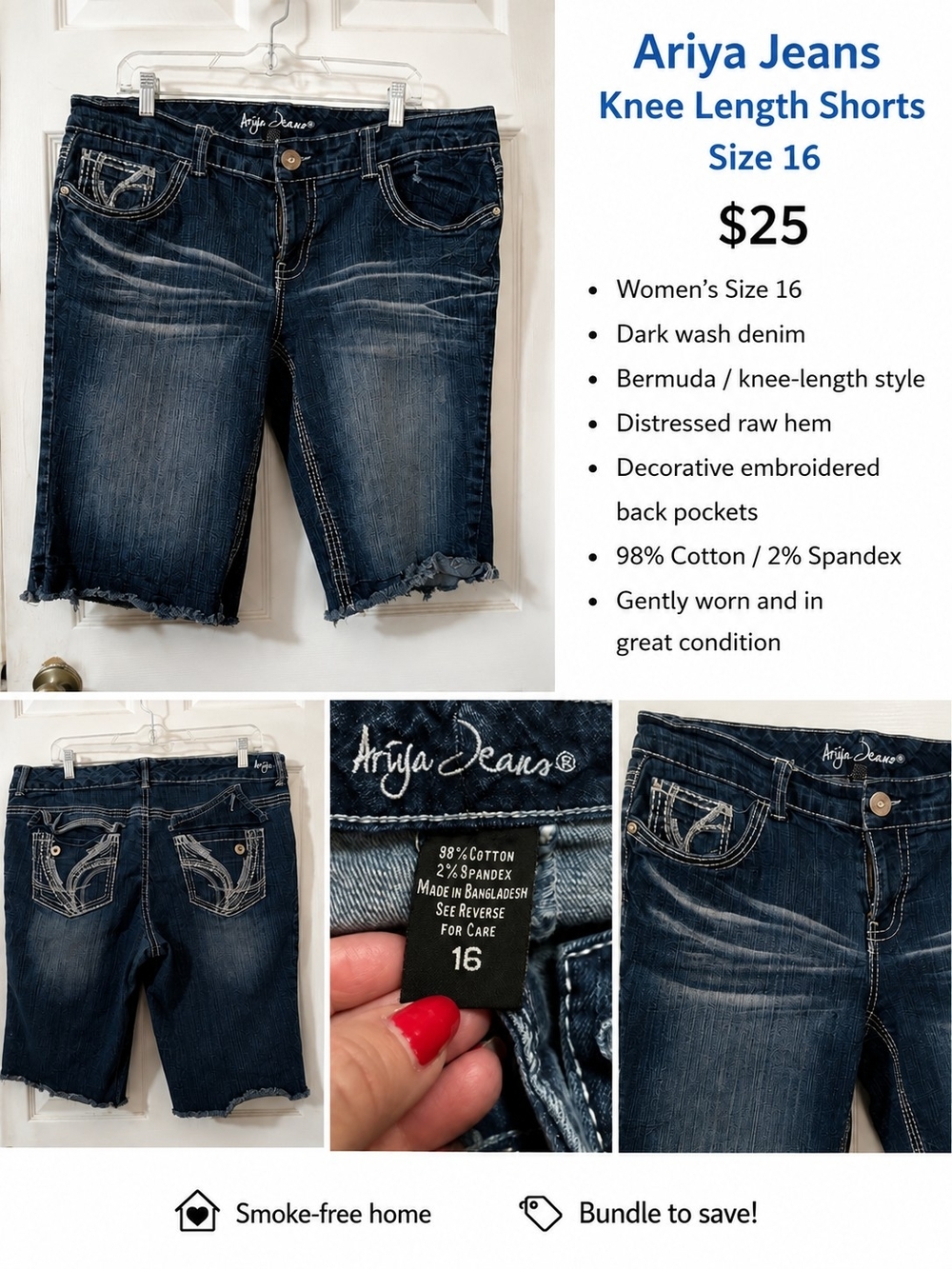Ariya Dark Blue Distressed Knee-Length Denim Shorts